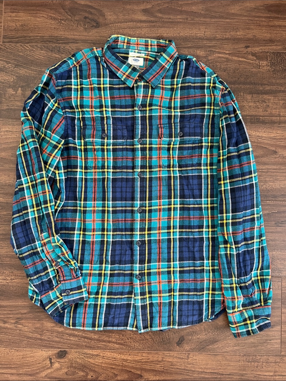 Old Navy 100% cotton, Multicolor Plaid Button-Down Shirt - Navy, Teal, Yellow